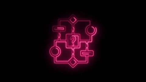 Neon pink flowchart diagram with question mark in center animated on icon black 스톡 동영상 333960502
