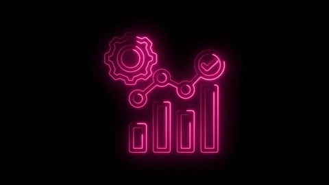 Neon pink glowing analytics graph with gear and checkmark icon representing Stock Footage 333961027