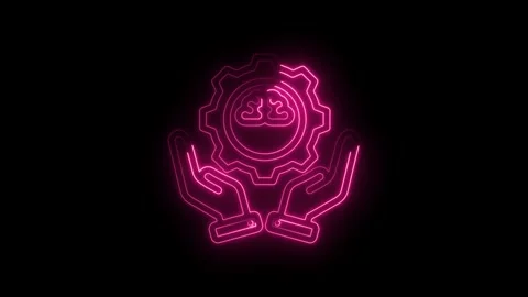 Neon pink glowing brain inside gear held by hands on black background Stock Footage 333956055