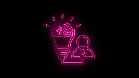 Neon pink glowing brain inside lightbulb connected to businessman icon symb.. Stock Footage 346898251