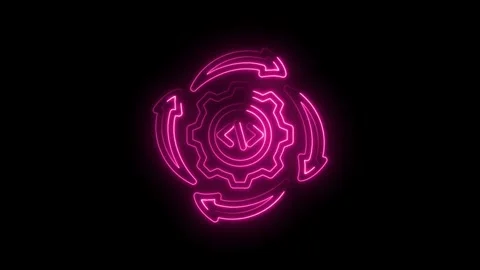 Neon pink glowing code symbol inside rotating gears and arrows animation on.. 스톡 동영상 346826622