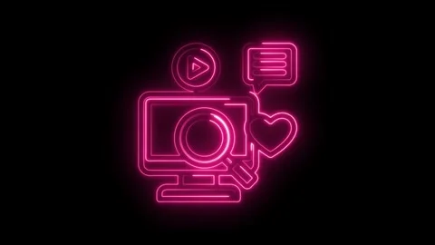 Neon pink glowing computer screen with magnifying glass play button chat bubble Stock Footage 333959629
