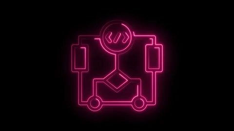 Neon pink glowing flowchart diagram with code symbol and connected nodes re.. Stock Footage 346014372