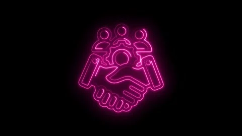 Neon pink glowing handshake icon with team collaboration and gear symbol on.. Stock Footage 346130268