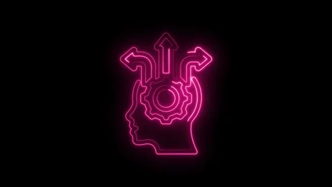 Neon pink glowing human head profile with internal gear and multiple diverging Stock Footage 333962393