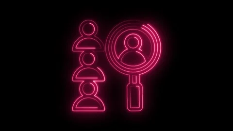 Neon pink glowing human in a stack with a magnifying glass searching one pe.. Stock Footage 346010020