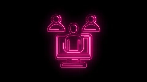 Neon pink glowing icon of a computer screen with a person silhouette inside and Stock Footage 333963221