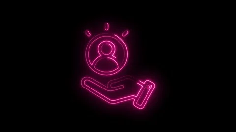 Neon pink glowing icon of a hand holding a person symbol with radiating light on Stock Footage 333956490