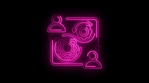 Neon pink glowing icon representing teamwork collaboration and process flow with Stock Footage 333956453