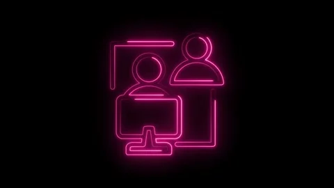Neon pink glowing icon representing two people interacting with a computer .. Stock Footage 346140455