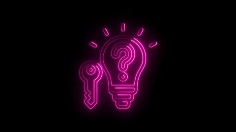 Neon pink glowing lightbulb with question mark inside and key symbol on ico.. Stock Footage 346137136