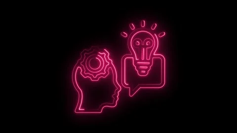 Neon pink glowing outline of a human head with gears inside and a lightbulb.. Stock Footage 346013992