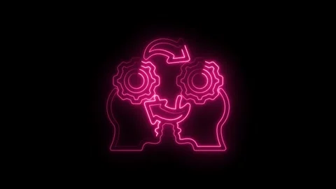 Neon pink glowing outline of two human heads with gears inside and arrows Stock Footage 333962632