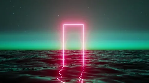Neon pink glowing rectangular portal above ocean at night Stock Footage 310793149