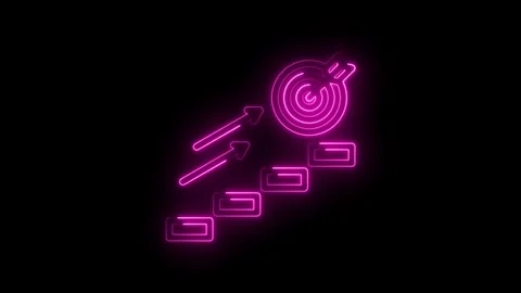 Neon pink glowing steps ascending towards a bullseye target with an arrow Stock Footage 333957195