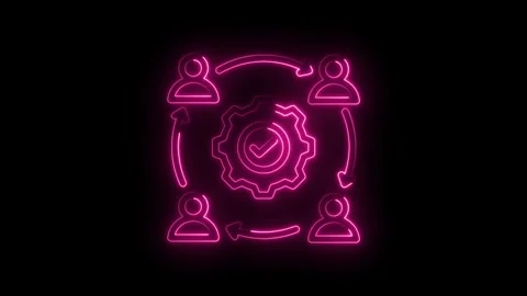 Neon pink glowing teamwork collaboration process icon with gear and checkmark in Stock Footage 333962289