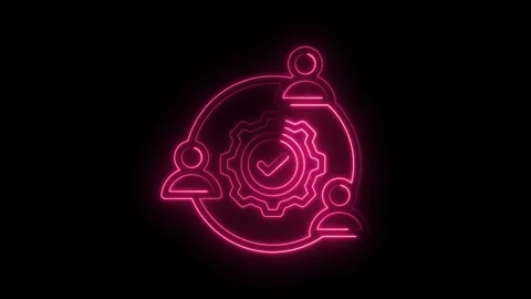 Neon pink glowing teamwork icon with gear and checkmark on black background.. Stock Footage 346015296