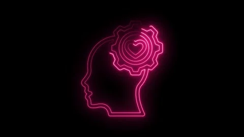 Neon pink head outline with heart gear rotation on black background animated Stock Footage 330778158