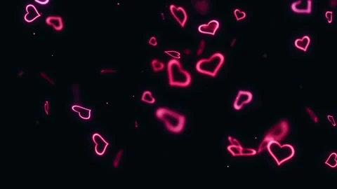 Neon pink hearts gracefully fall down on black background screen Stock Footage 327501501