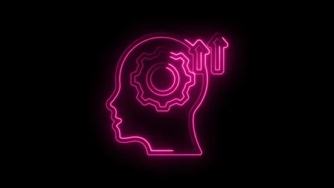 Neon pink human head profile with internal gear and upward arrows symbolizing Stock Footage 333970192