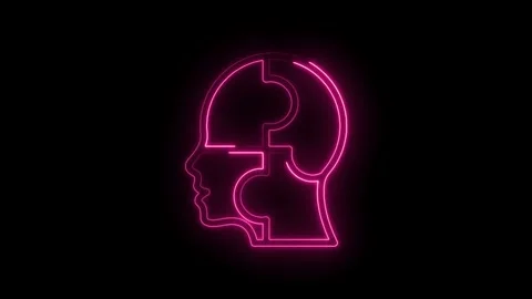 Neon pink human head puzzle outline glowing on icon black background Stock Footage 333962766