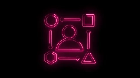 Neon pink human icon surrounded by geometric shapes and arrows symbolizing data Stock Footage 333959439