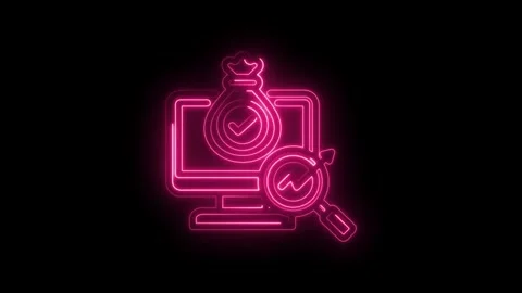 Neon Pink Icon Computer Screen Money Bag Magnifying Glass Checkmark Success.. Stock Footage 346122888