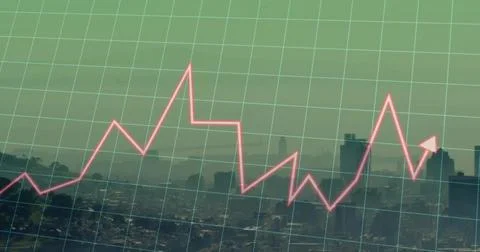 Neon pink jagged line graph crossing city skyline in hazy urban vista, showing Stock Photos
