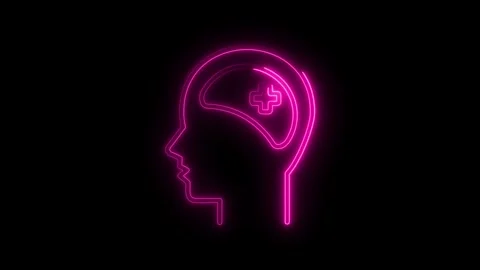 Neon pink mind head with plus symbol on black background conceptual Stock Footage 308606051