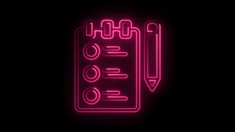 Neon pink notepad and pencil icon animation on black background for present.. Video stock 346008833