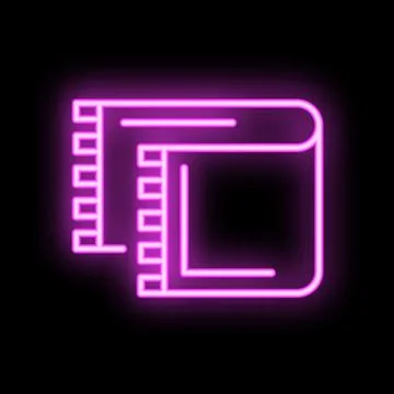 Neon pink open notebook icon glowing on black background Stock Illustration