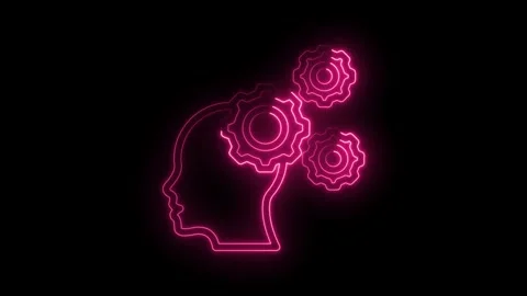 Neon pink outline of human head with interlocking gears inside symbolizing Stock Footage 330872423