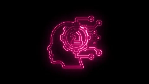 Neon pink outline of human head profile with gear and chess knight inside Stock Footage 333959415