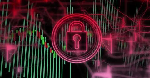 Neon pink padlock securing green-red chart-bars in digital scene, with grid Illustrazione stock