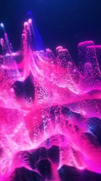 Neon pink particle wave with glowing dots and depth, futuristic digital net.. Illustrazione stock