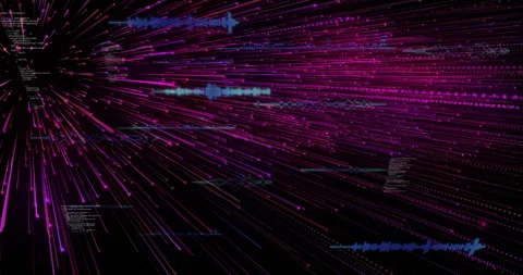 Neon pink purple data lines radiating across dark UI, with code snippets and Stock Footage 308675919