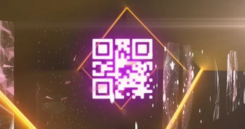 Neon pink qr code scanner against multiple screens with plexus networks on Stock Footage 328254266