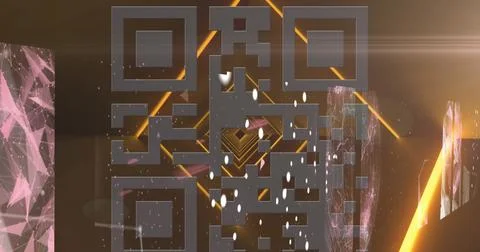 Neon pink qr code scanner against multiple screens with plexus networks on イラスト素材