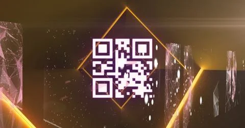 Neon pink qr code scanner against multiple screens with plexus networks on Illustrazione stock