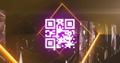 Neon pink qr code scanner against multiple screens with plexus networks on Illustrazione stock