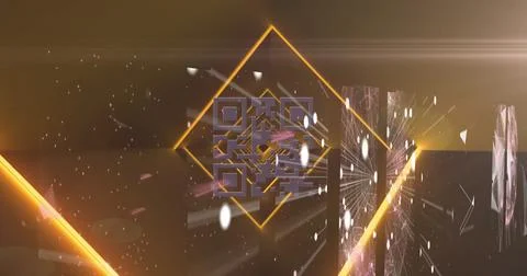 Neon pink qr code scanner against multiple screens with plexus networks on Illustrazione stock