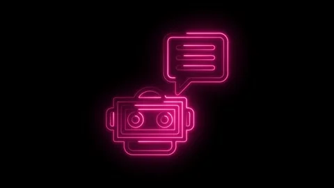 Neon pink robot head icon with speech bubble glowing on black background A I Stock Footage 333959197