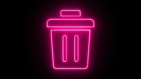 Neon pink trash can icon glows brightly on dark background showing clean an.. Stock Footage 345548020