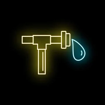 Neon pipe leaking water drop icon glowing Stock Illustration