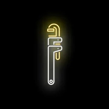 Neon pipe wrench glowing in dark promoting plumbing service Stock Illustration