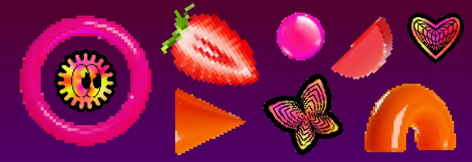 Neon pixel art elements in y2k brutalism style Stock Illustration
