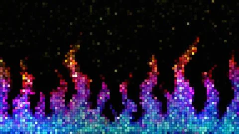Neon pixel art fire flames abstract dark background Stock Illustration