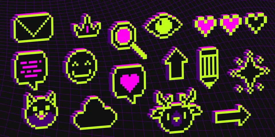 Neon pixel icons with 3d effect on dark grid イラスト素材