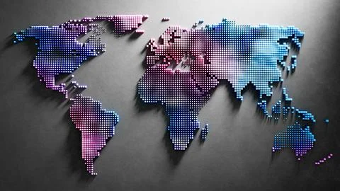 Neon pixelated world map glowing on dark tech background Ilustração Stock