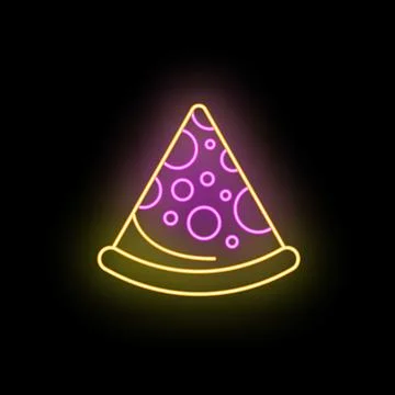 Neon pizza slice glowing on a dark background Stock Illustration
